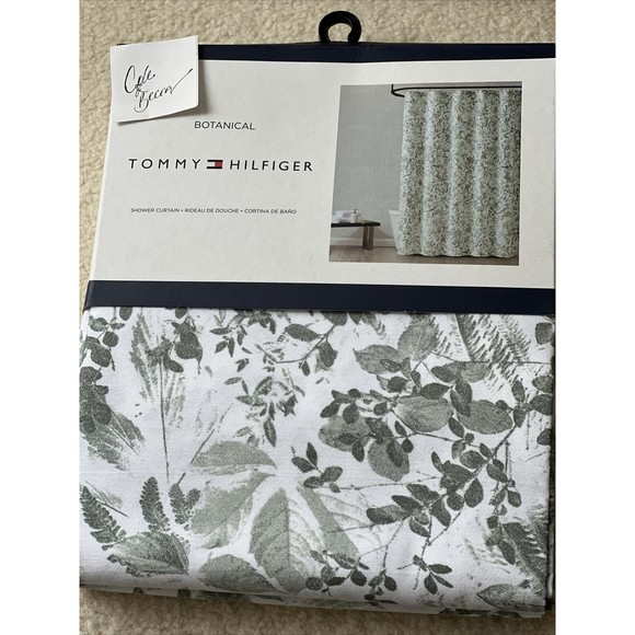 Tommy Hilfiger Botanical Cotton Blend Shower Curtain Green Flowers Leaves White - Picture 1 of 6